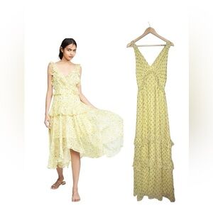 En crème yellow  frill detailing maxi dress silver dots  medium